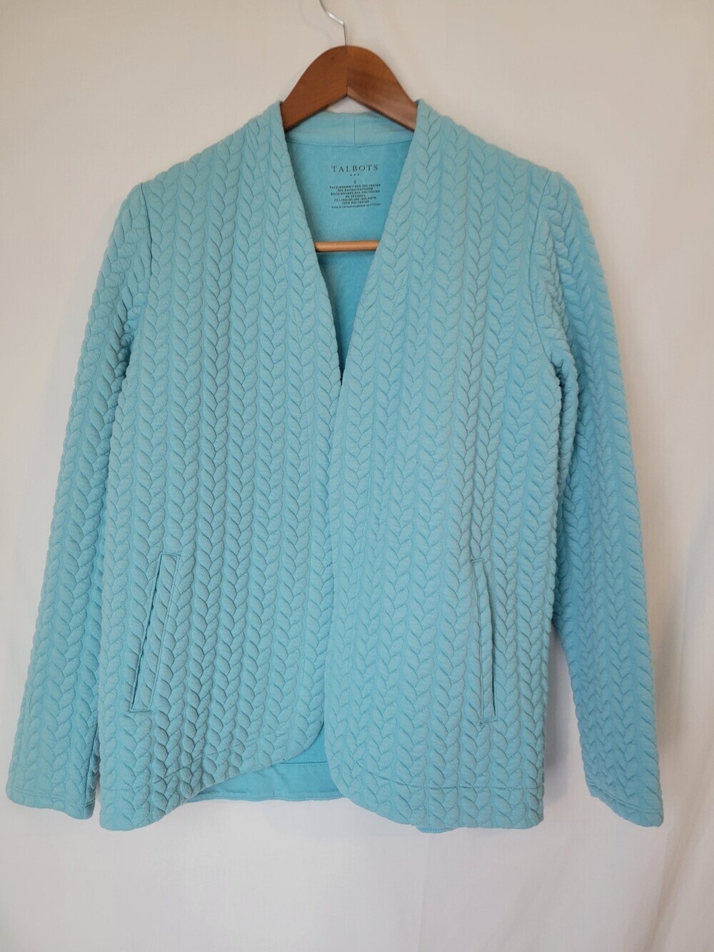 Talbots Women's S Aqua Quilted Open Front Cardigan Jacket Pockets Polyester Blen